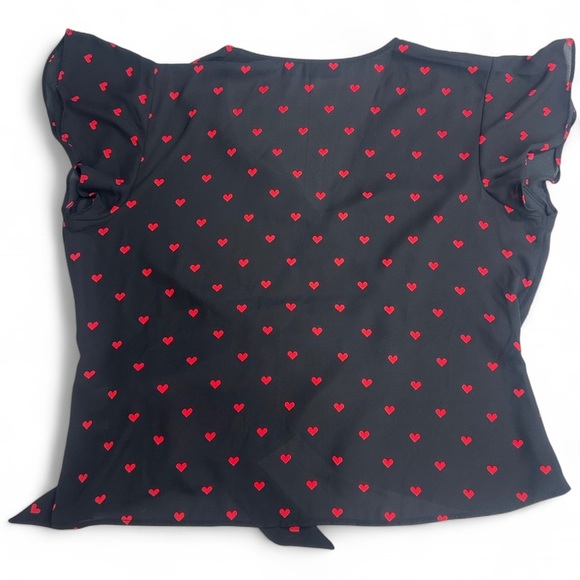 New York & Company Black with Red Hearts Wrap Blouse with Ruffled Cap Sleeves - Picture 6 of 6